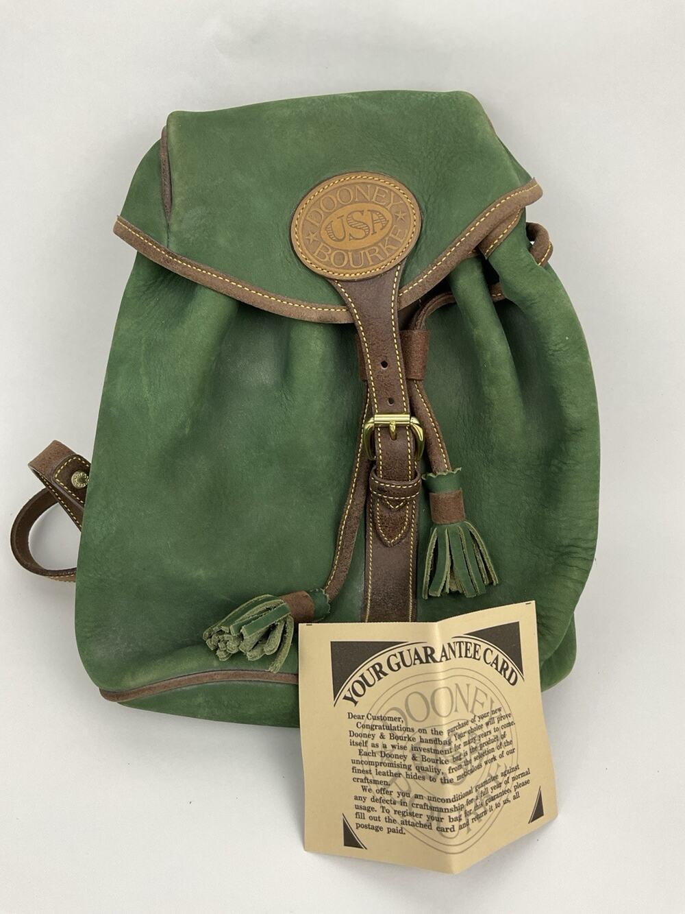 VTG Dooney & Bourke Green Byubuck / Leather Drawstring Backpack USA Tassel Card